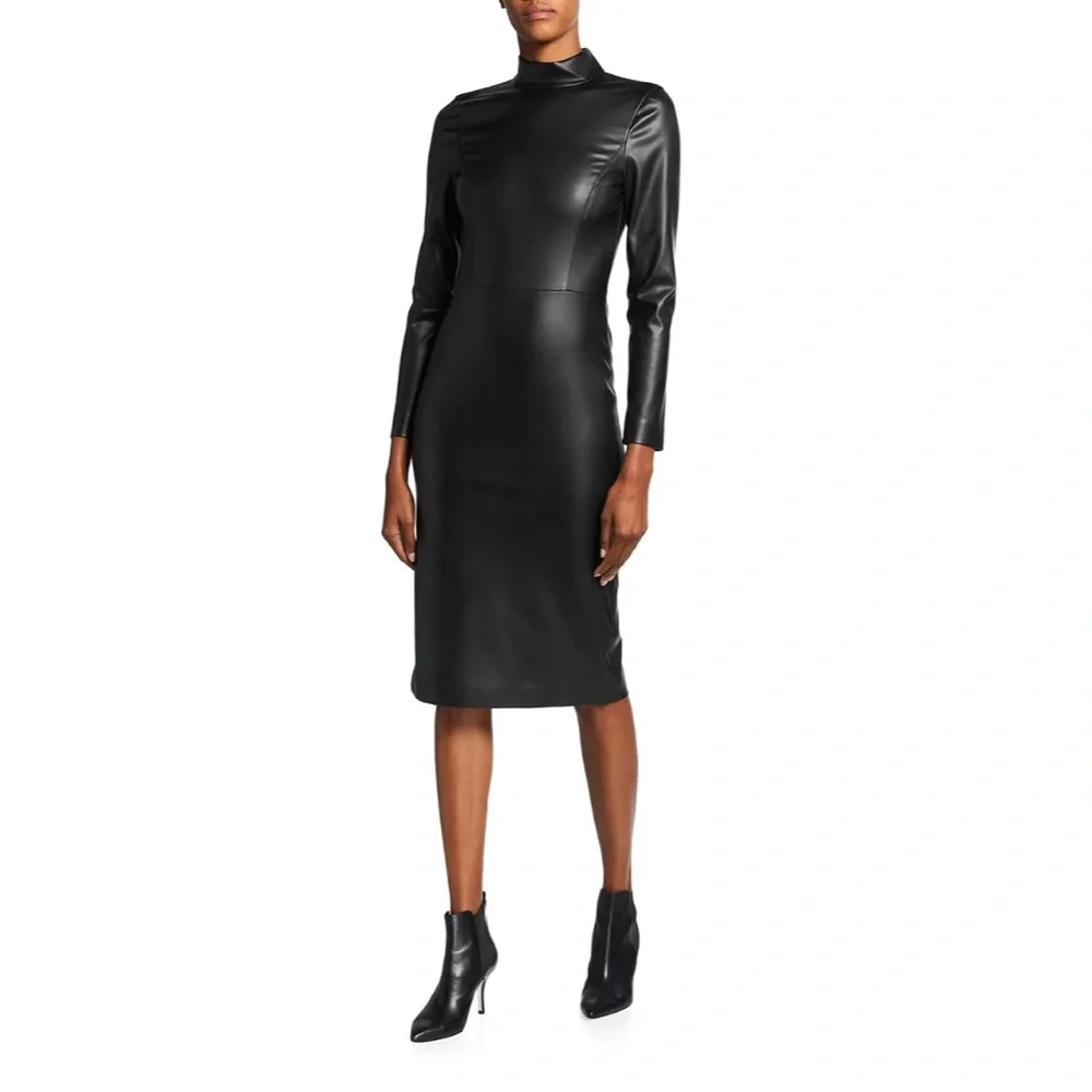 NWT $330 ALICE + OLIVIA Delora Faux-Leather Mock-Neck Open-Back Dress in size 0!
